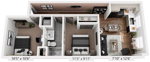 Floor plan for 2 beds, 1 bath, 576 sqft